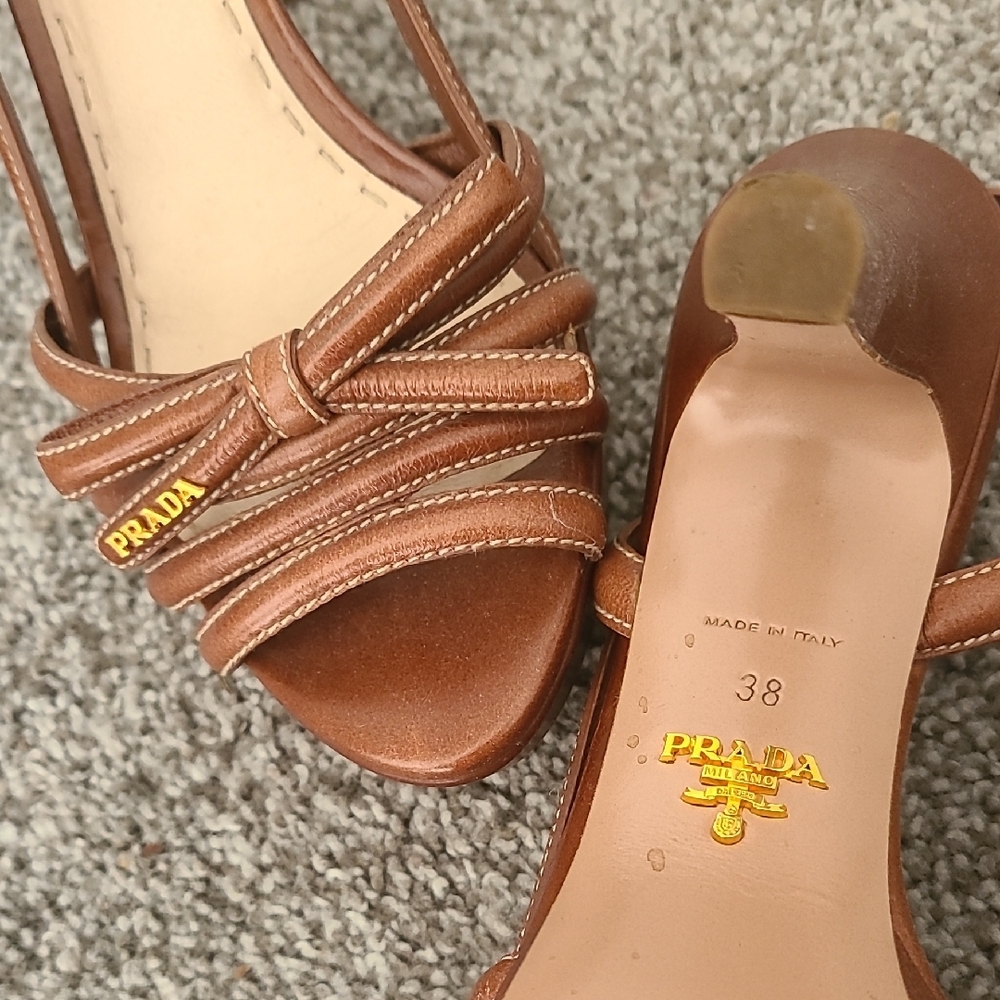 Prada Tan Leather Strappy Slingback Heels with Gold Accents - Picture 2 of 2